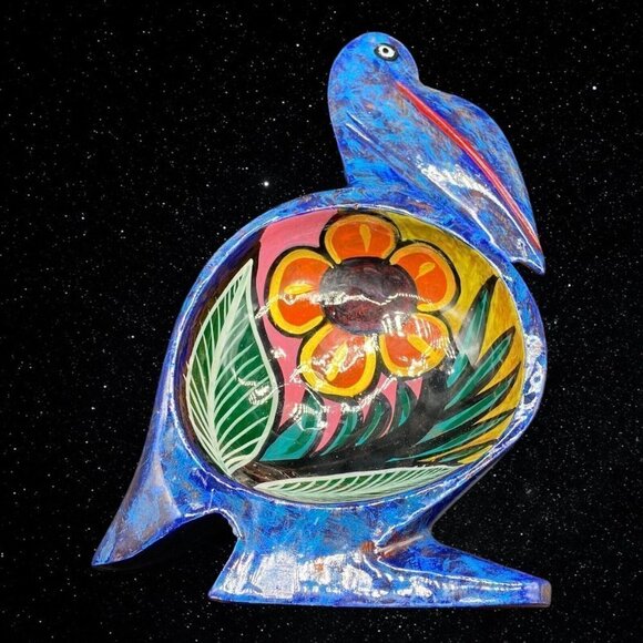 Mexican Folk Art Hand Painted Wood Animal Bird Trinket Dish Bowl  1”T 9.5”L - Picture 1 of 8